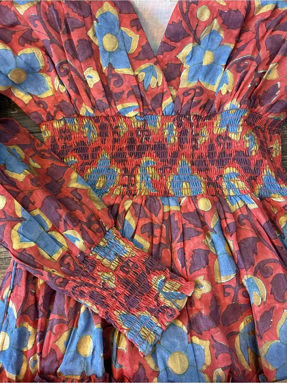 Oliphant V-Neck Smocked Waist Midi Dress Womens M Kildare Red NWT Floral Gold